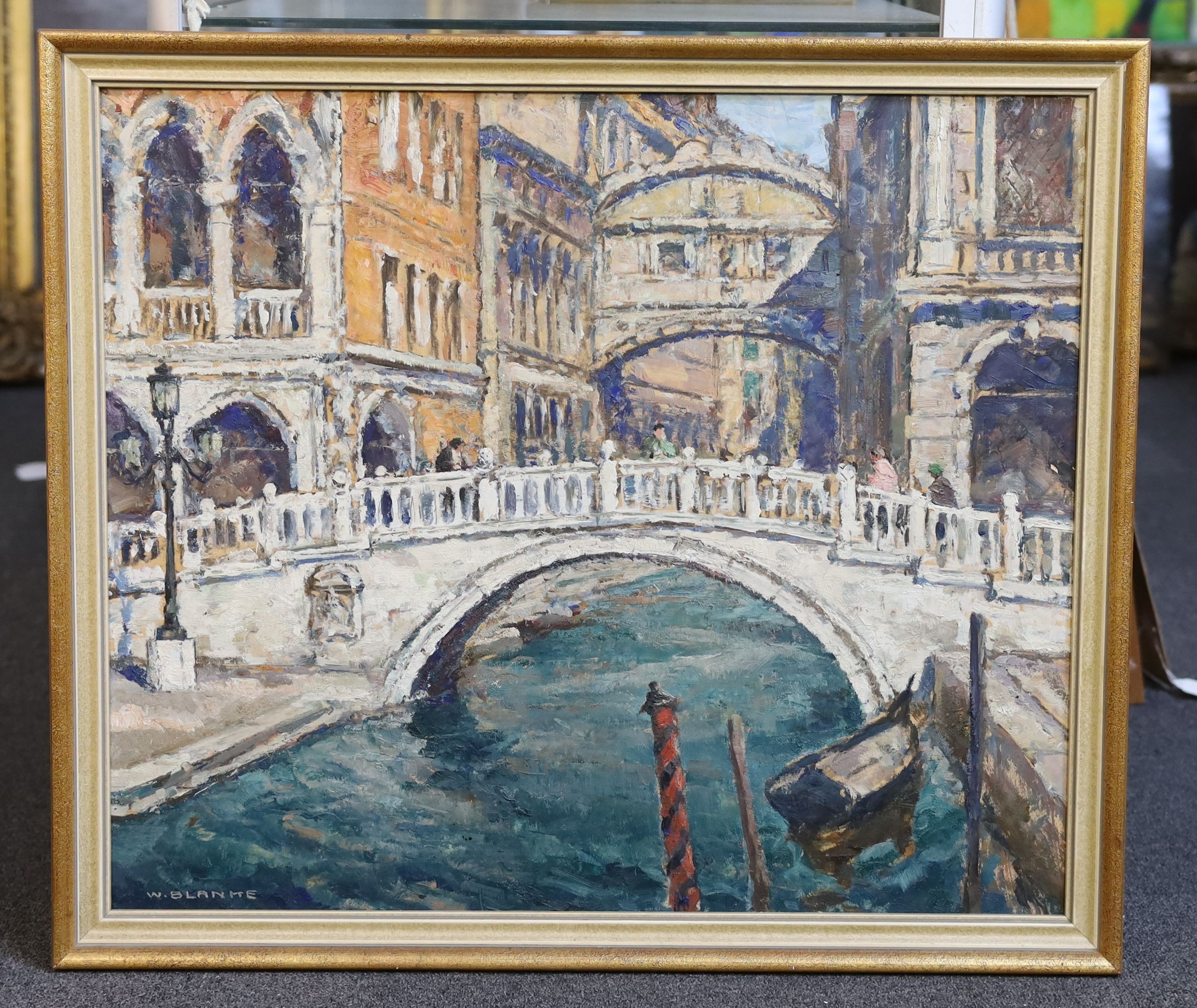 Wilhelm Blanke (German 1873-1943), Venice, the entrance to the Rio di Palazzo, the Bridge of Sighs beyond, oil on board, 58 x 68cm
